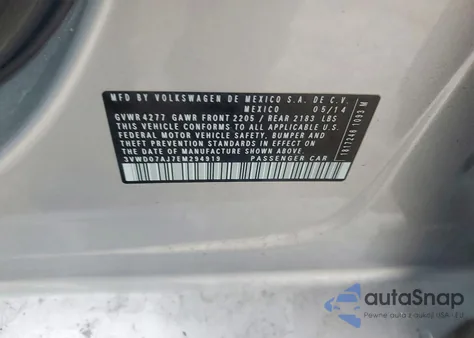 2014 Volkswagen Jetta Se z USA, uszkodzony, nr VIN 3VWD07AJ7EM294919